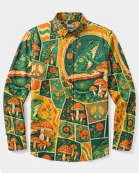 GROOVY FROG AND MUSHROOM PATCHWORK LONG SLEEVE BUTTON-DOWN SHIRT - TYLN0309266