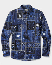 GOTHIC MIDNIGHT BLUE RAVEN PATCHWORK LONG SLEEVE BUTTON-DOWN SHIRT - TYLN0309269