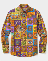 RETRO PEACE BUS AND EYE COLLAGE PATCHWORK LONG SLEEVE BUTTON-DOWN SHIRT - TYLN2708267