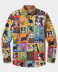 GROOVY BORDER COLLIE DOG FLORAL PATCHWORK LONG SLEEVE BUTTON-DOWN SHIRT - TYLN2808263