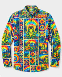 GROOVY FROG PATCHWORK LONG SLEEVE BUTTON-DOWN SHIRT - YHLN2309262