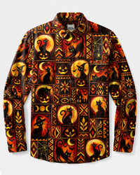 BLACK CAT MOONLIGHT PATCHWORK HALLOWEEN LONG SLEEVE BUTTON-DOWN SHIRT  - TLTW0709268