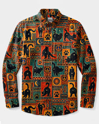 BOHO CAT FUNNY PATCHWORK LONG SLEEVE BUTTON-DOWN SHIRT - TLTW1509267