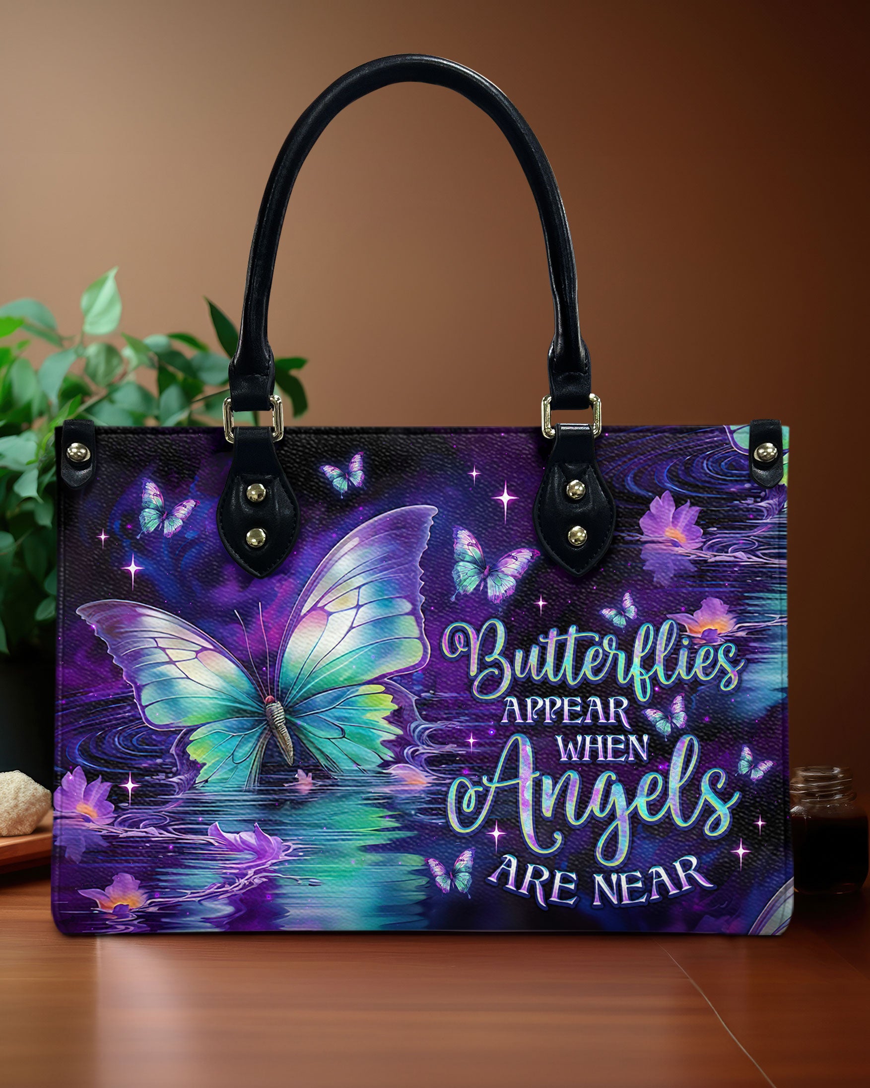 BUTTERFLIES APPEAR WHEN ANGELS ARE NEAR LEATHER HANDBAG - TLNO2208244