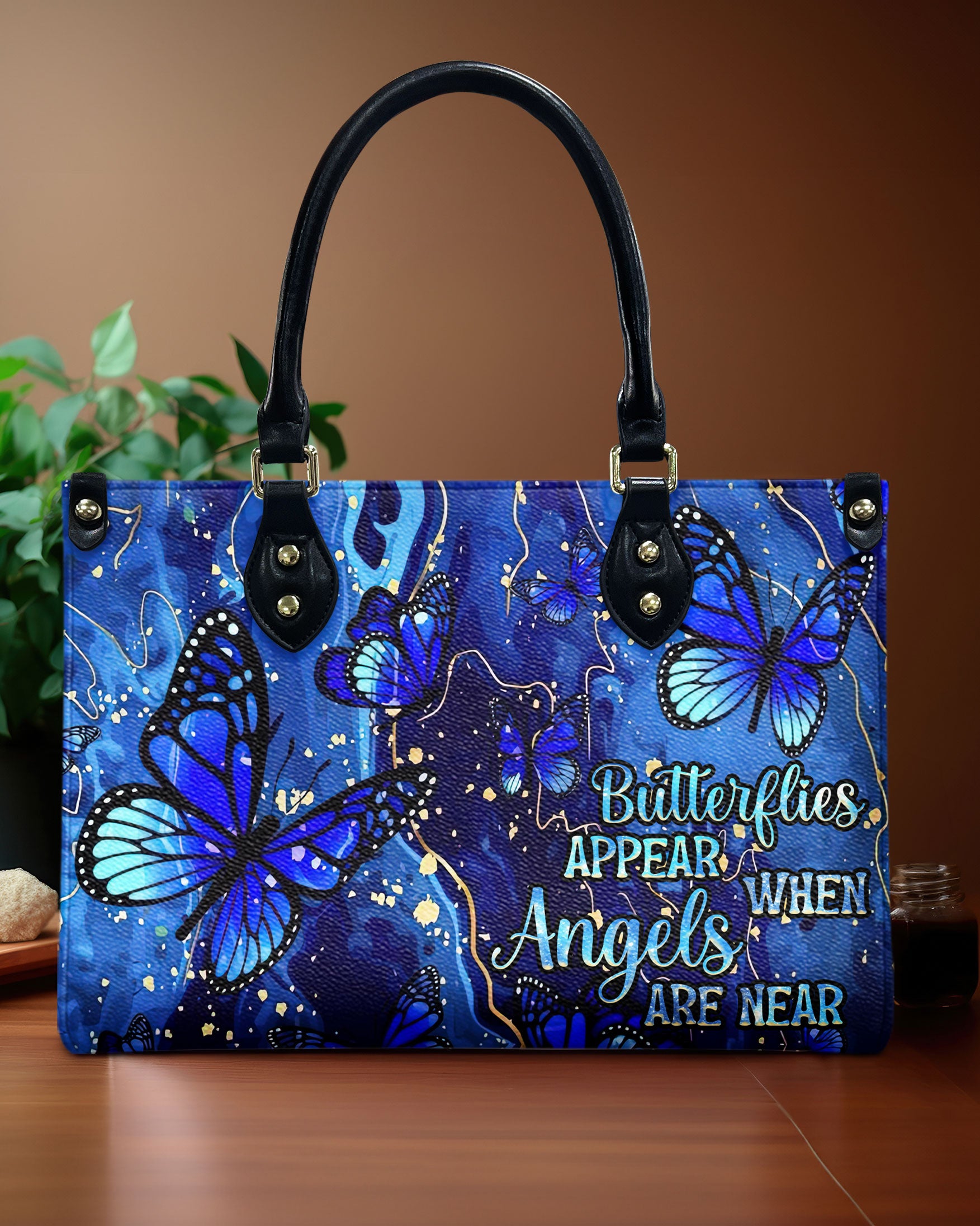 BUTTERFLIES APPEAR WHEN ANGELS ARE NEAR LEATHER HANDBAG - TLNZ2309245