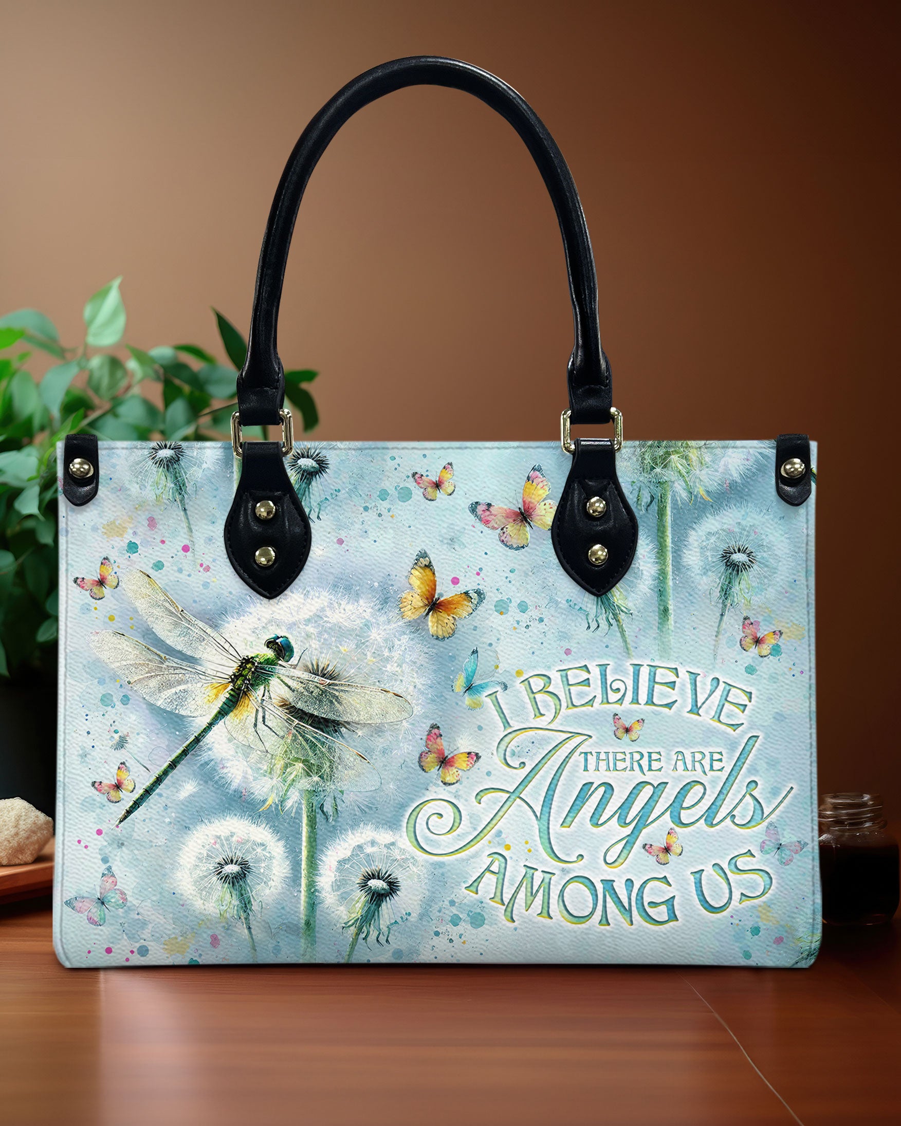 I BELIEVE THERE ARE ANGELS AMONG US DRAGONFLY LEATHER HANDBAG - TLNO0908244