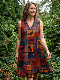 TRIBAL RAVEN PATCHWORK V-NECK TUNIC DRESS  - TLNT0909265