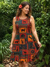 BOHO PLAYFUL CAT PATCHWORK FLOUNCE DRESS - TLNT1808261