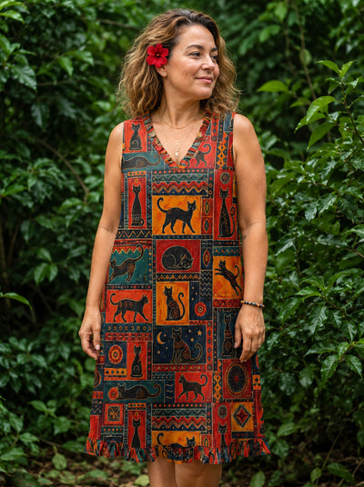 BOHO PLAYFUL CAT PATCHWORK V-NECK TUNIC DRESS - TLNT1808262