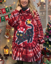 PLAYFUL BLACK CAT CHRISTMAS LIGHTS SWIRL SHERPA BLANKET HOODIE - TLNT2210261