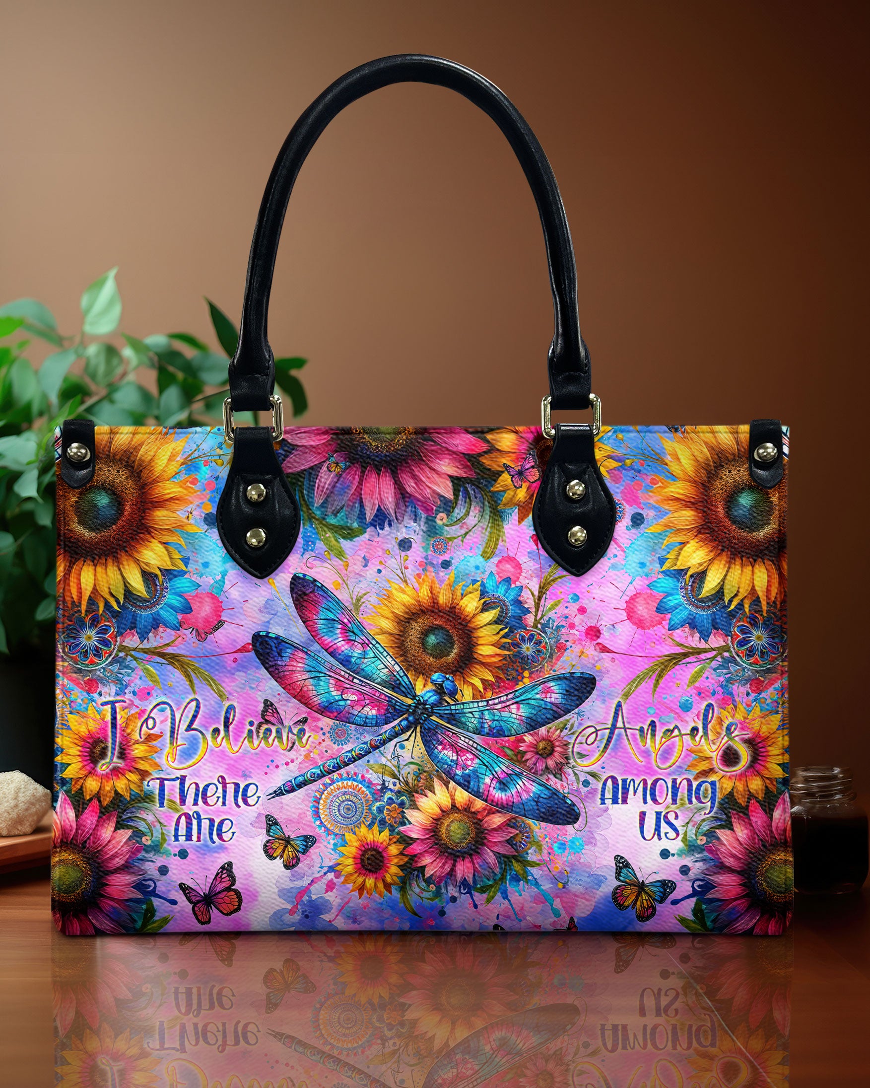 I BELIEVE THERE ARE ANGELS AMONG US DRAGONFLY LEATHER HANDBAG - TLNT1208245