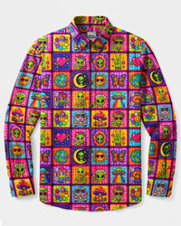GROOVY ALIEN OUTER SPACE GRANNY SQUARES LONG SLEEVE BUTTON-DOWN SHIRT - TYQY21082610