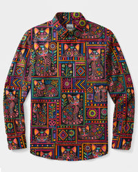 DIA DE MUERTOS CAT ART PATCHWORK LONG SLEEVE BUTTON-DOWN SHIRT - TYQY2108264