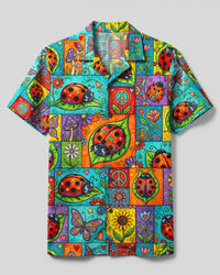 GROOVY LADYBUG AND BUTTERFLY FLORAL PATCHWORK CAMP SHIRT - TYQY28082611