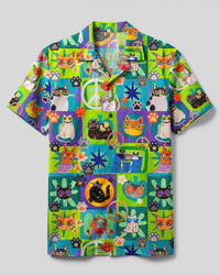 GROOVY HIPPIE CATS PATCHWORK CAMP SHIRT - TYQY2208262