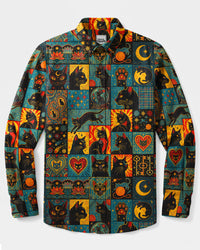 MYSTIC BLACK CAT PATCHWORK LONG SLEEVE BUTTON-DOWN SHIRT - TYQY0309266