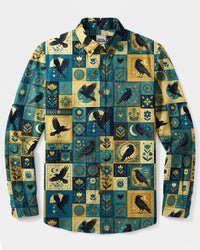MYSTIC RAVEN AND MOON CELESTIAL PATCHWORK LONG SLEEVE BUTTON-DOWN SHIRT - TYQY0309269