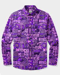 PURPLE WITCH CAT HALLOWEEN PATCHWORK LONG SLEEVE BUTTON-DOWN SHIRT - TYQY1709267