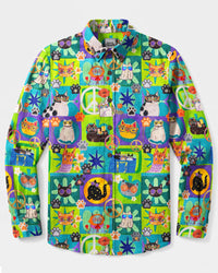 GROOVY HIPPIE CATS PATCHWORK LONG SLEEVE BUTTON-DOWN SHIRT - TYQY2208263