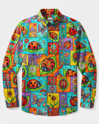 GROOVY LADYBUG AND BUTTERFLY FLORAL PATCHWORK LONG SLEEVE BUTTON-DOWN SHIRT - TYQY28082612