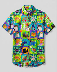 GROOVY HIPPIE CATS PATCHWORK BUTTON-DOWN COLLAR SHIRT - TYQY2208261