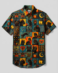 MYSTIC BLACK CAT PATCHWORK BUTTON-DOWN COLLAR SHIRT - TYQY0309264