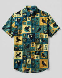 MYSTIC RAVEN AND MOON CELESTIAL PATCHWORK BUTTON-DOWN COLLAR SHIRT - TYQY0309267