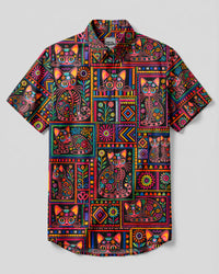 DIA DE MUERTOS CAT ART PATCHWORK BUTTON-DOWN COLLAR SHIRT - TYQY2108262