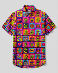 GROOVY ALIEN OUTER SPACE GRANNY SQUARES BUTTON-DOWN COLLAR SHIRT - TYQY2108268