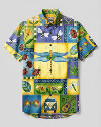 RETRO GROOVY DRAGONFLY GARDEN BUTTON-DOWN COLLAR SHIRT - RITD1108262