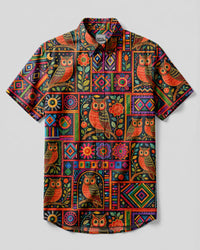 COLORFUL BOHO OWL PATCHWORK BUTTON-DOWN COLLAR SHIRT - RITD2108261