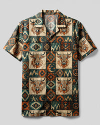 BOHO HIGHLAND COW TRIBAL PATCHWORK CAMP SHIRT - TLNT2907265