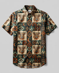 BOHO HIGHLAND COW TRIBAL PATCHWORK BUTTON-DOWN COLLAR SHIRT - TLNT2907264