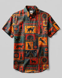 BOHO PLAYFUL CAT PATCHWORK BUTTON-DOWN COLLAR SHIRT - TLNT0608261