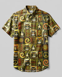 BOHO CAT VINTAGE PATCHWORK BUTTON-DOWN COLLAR SHIRT - TLNT3007263