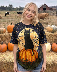 BLACK CAT ON PUMPKIN FULL MOON HALLOWEEN ALL OVER PRINT  - TLNT2407262