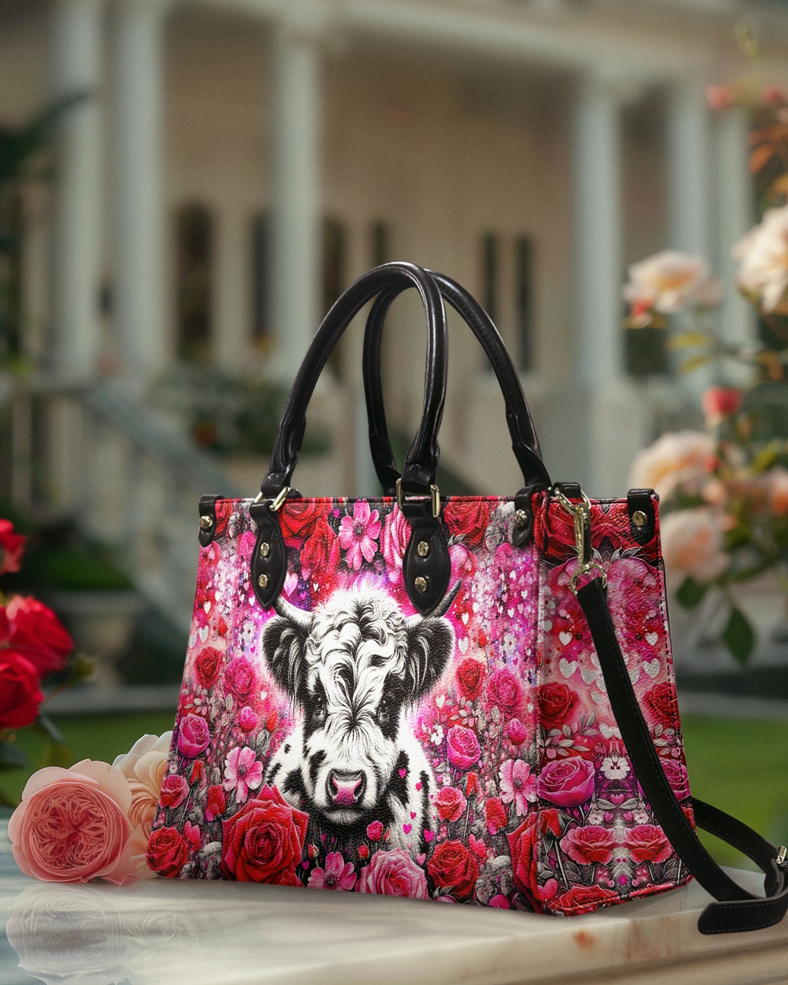 COW AND ROSE LEATHER HANDBAG - YHHG1203254