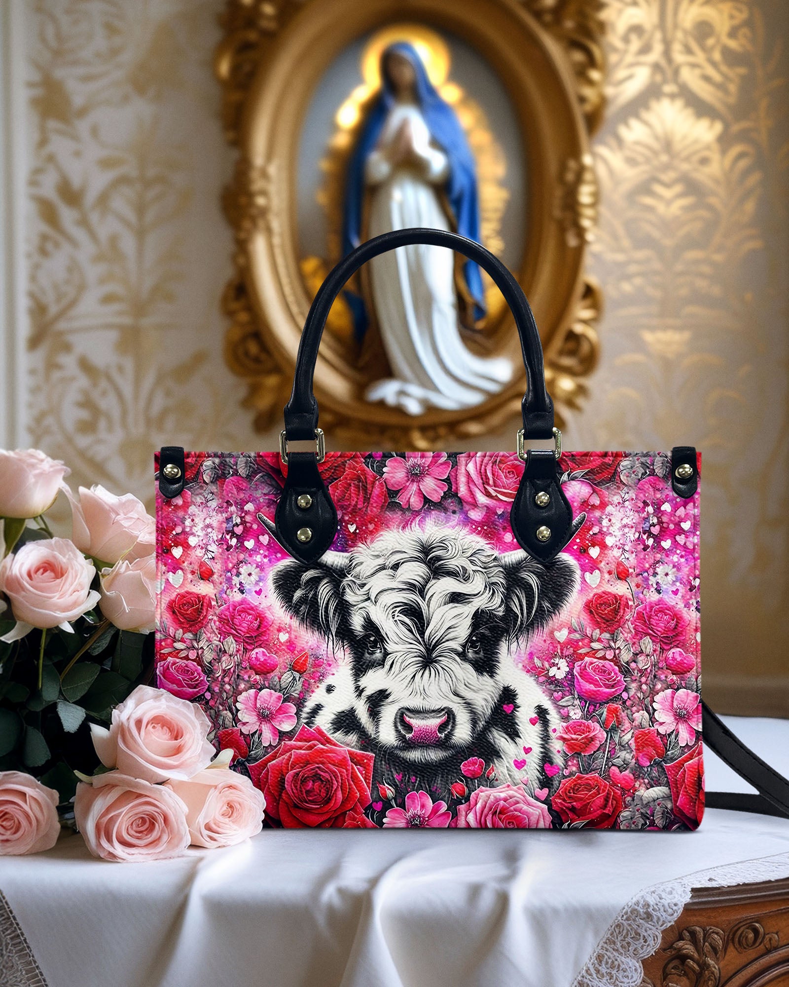 COW AND ROSE LEATHER HANDBAG - YHHG1203254