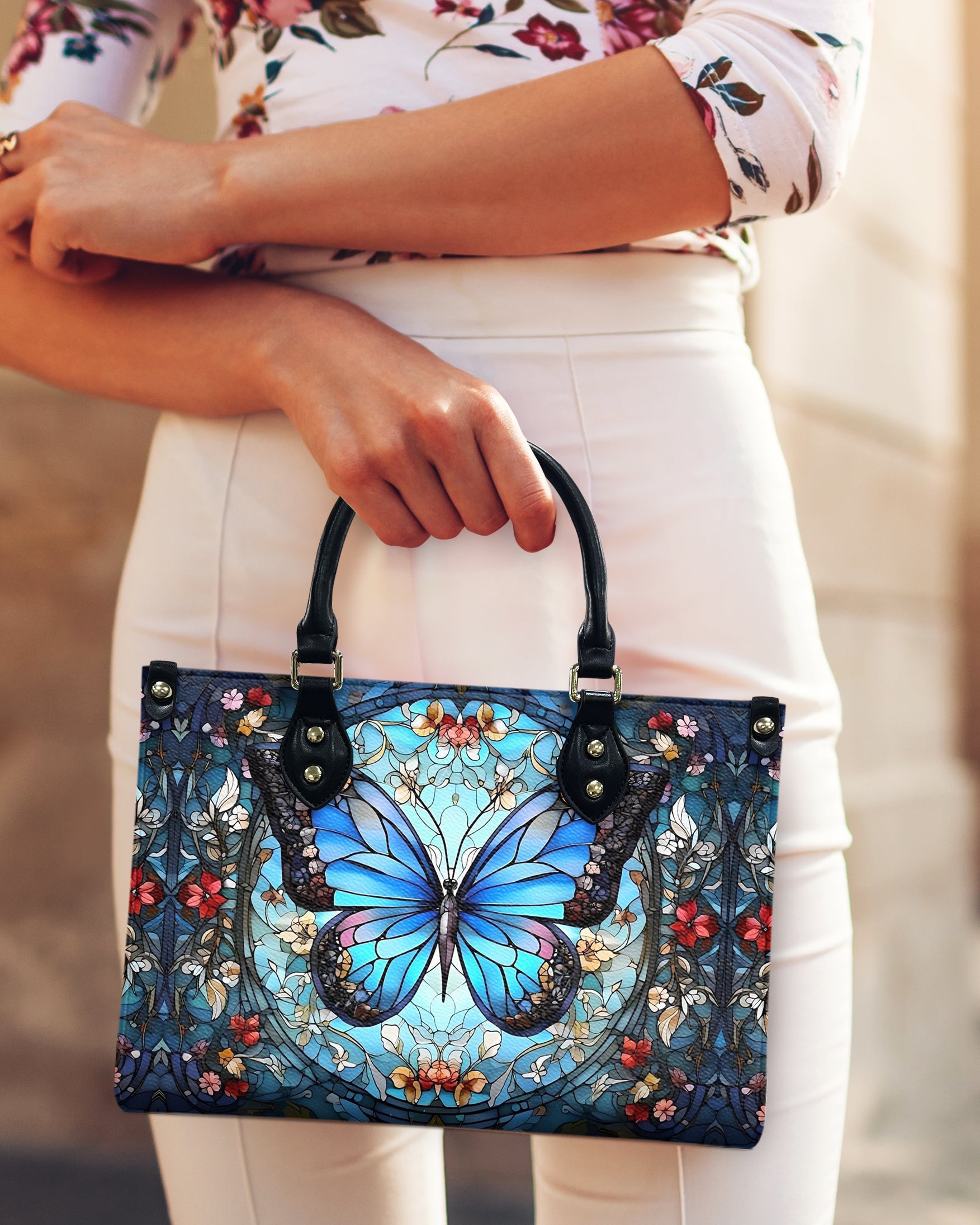 STAINED GLASS BUTTERFLY FLOWERS LEATHER HANDBAG - YHHG0509242