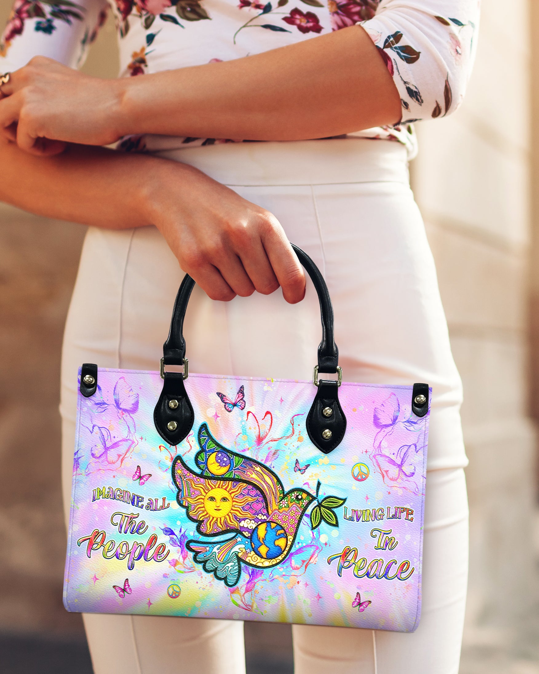 IMAGINE ALL THE PEOPLE LIVING LIFE IN PEACE LEATHER HANDBAG - YHHG0810244