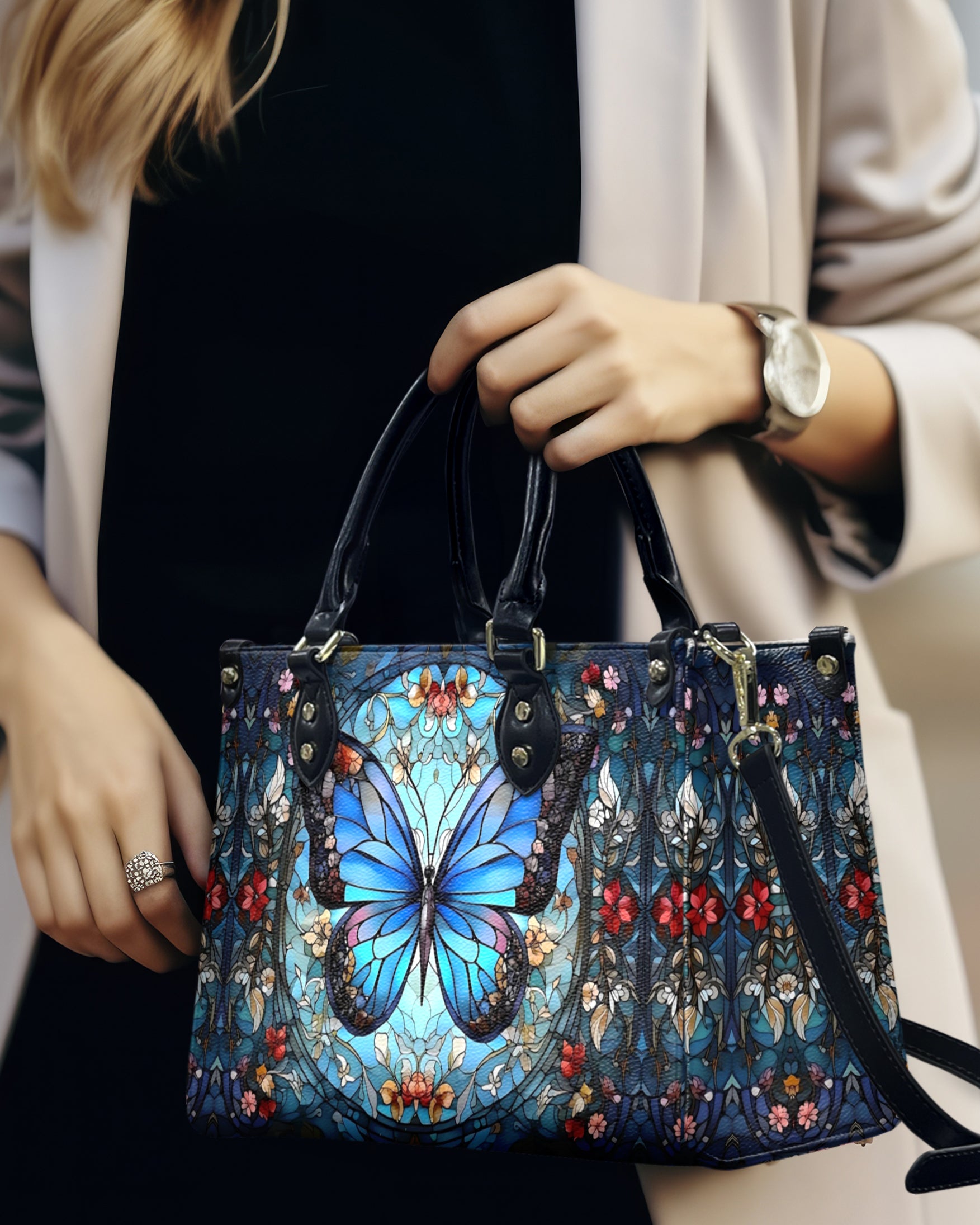 STAINED GLASS BUTTERFLY FLOWERS LEATHER HANDBAG - YHHG0509242