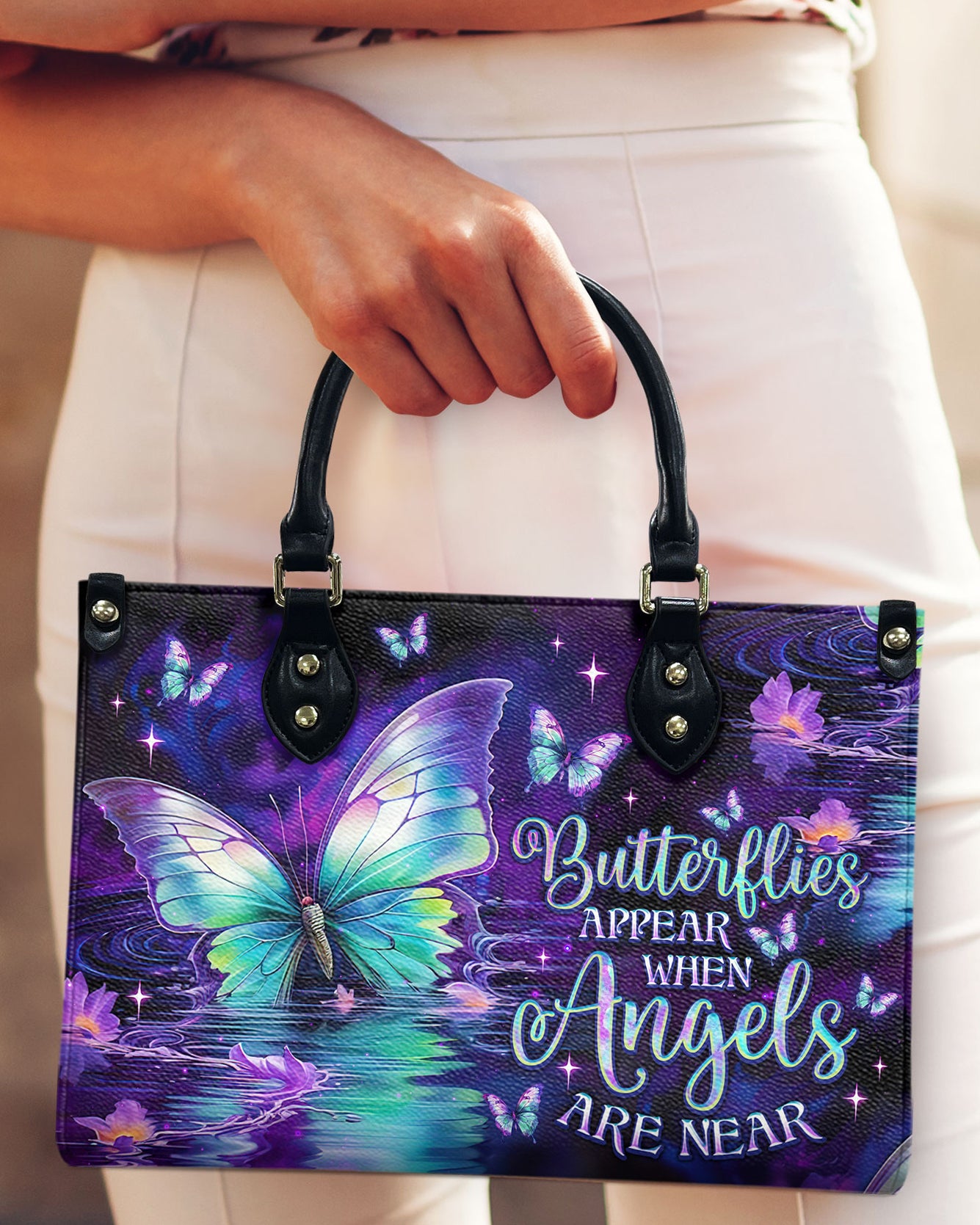 BUTTERFLIES APPEAR WHEN ANGELS ARE NEAR LEATHER HANDBAG - TLNO2208244