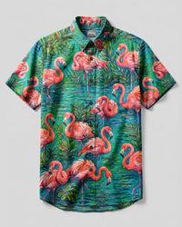 FLAMINGO ART PATTERN BUTTON-DOWN COLLAR SHIRT - TLHG1906262