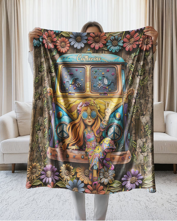 PERSONALIZED HIPPIE GIRL BUS FLEECE BLANKET  - TLNT2802252