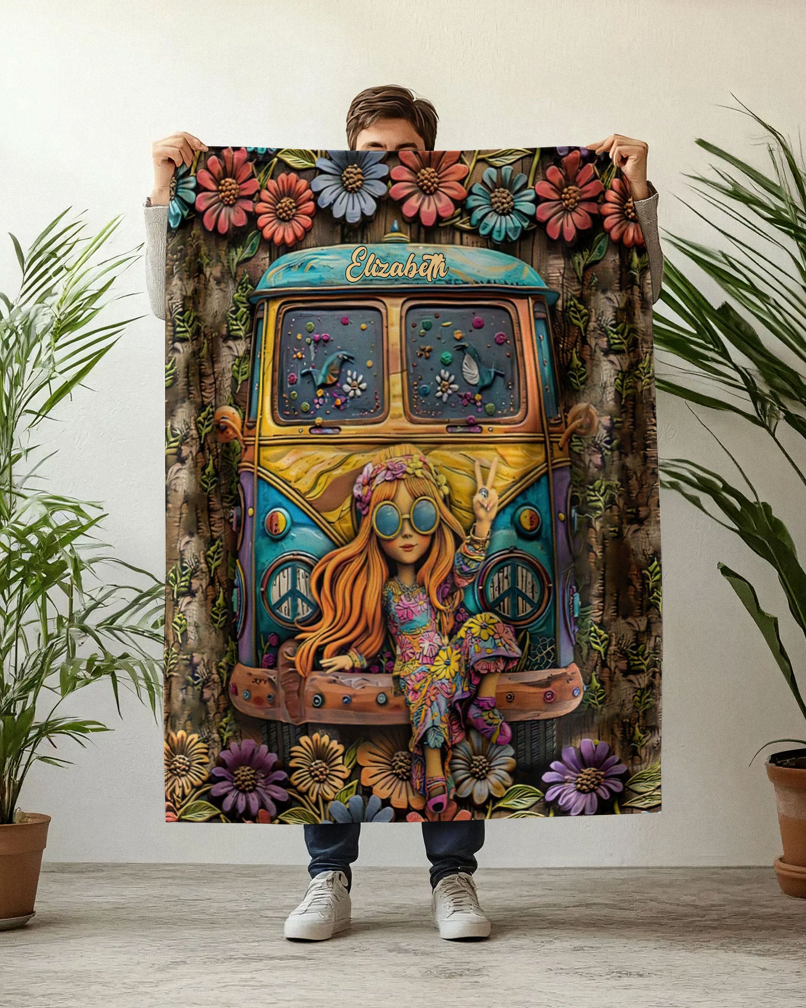 PERSONALIZED HIPPIE GIRL BUS FLEECE BLANKET  - TLNT2802252