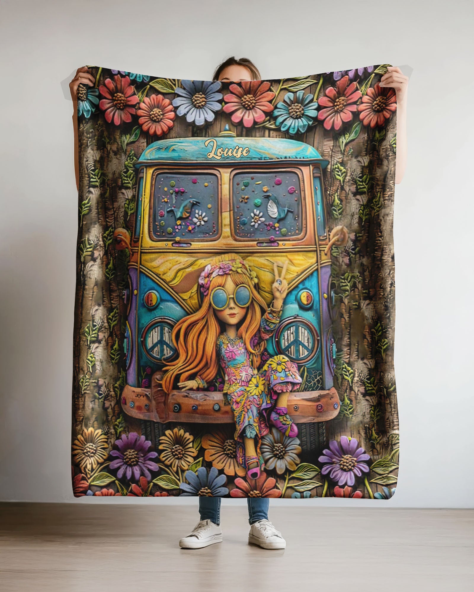 PERSONALIZED HIPPIE GIRL BUS FLEECE BLANKET  - TLNT2802252