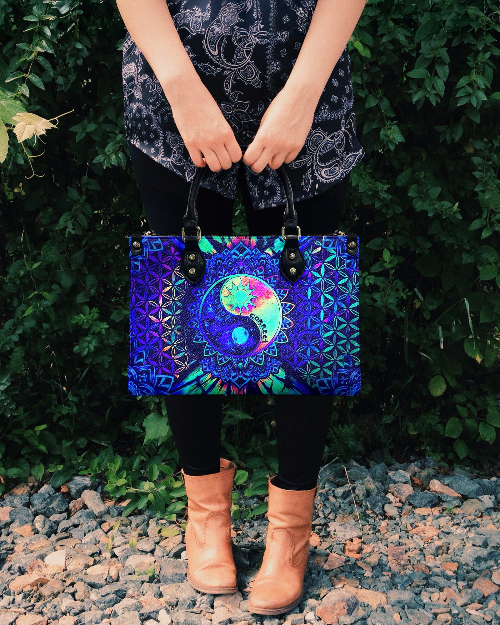 PSYCHEDELIC TRIPPY YIN YANG LEATHER HANDBAG - YHHN0703254