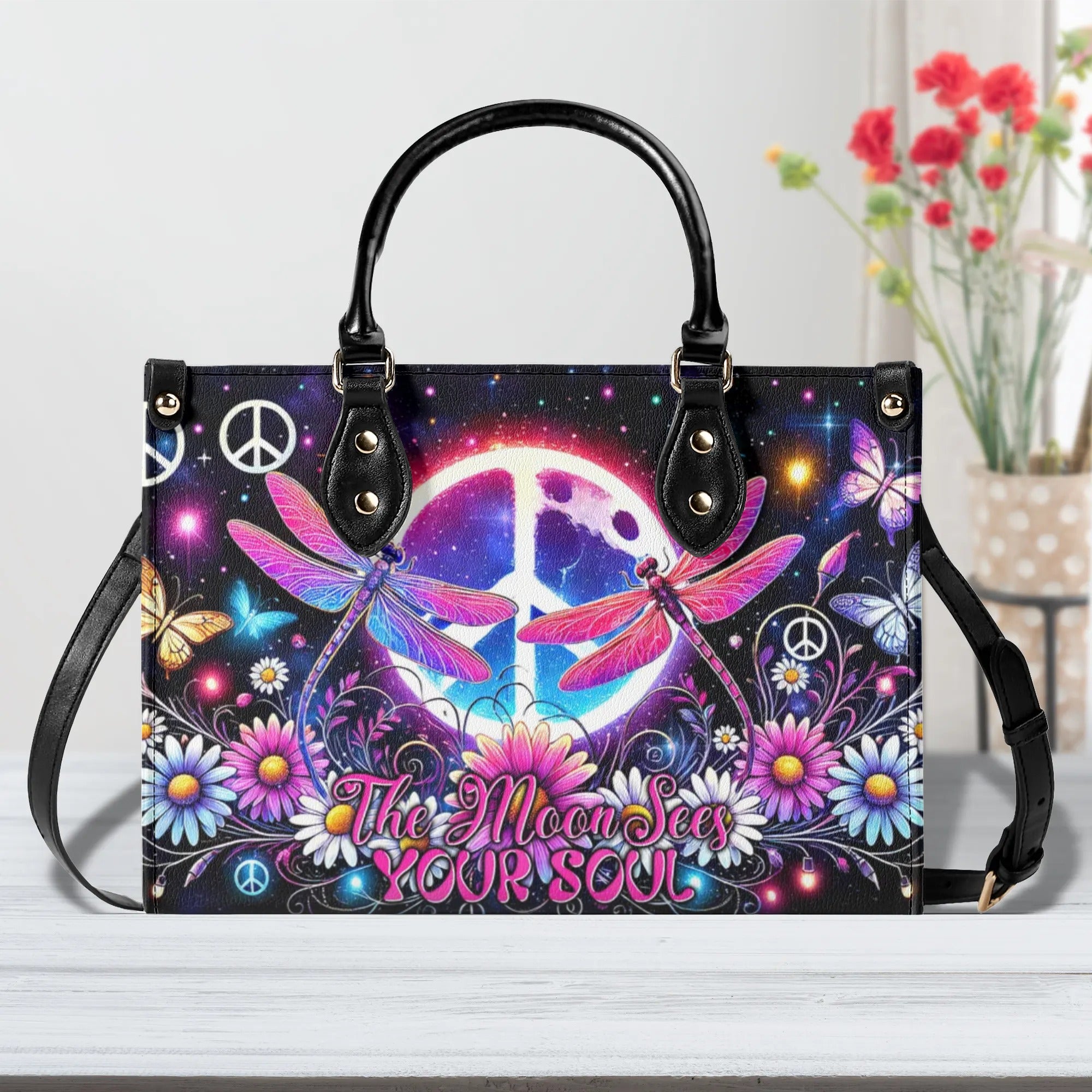 THE MOON SEES YOUR SOUL DRAGONFLIES LEATHER HANDBAG - TYTM2307243