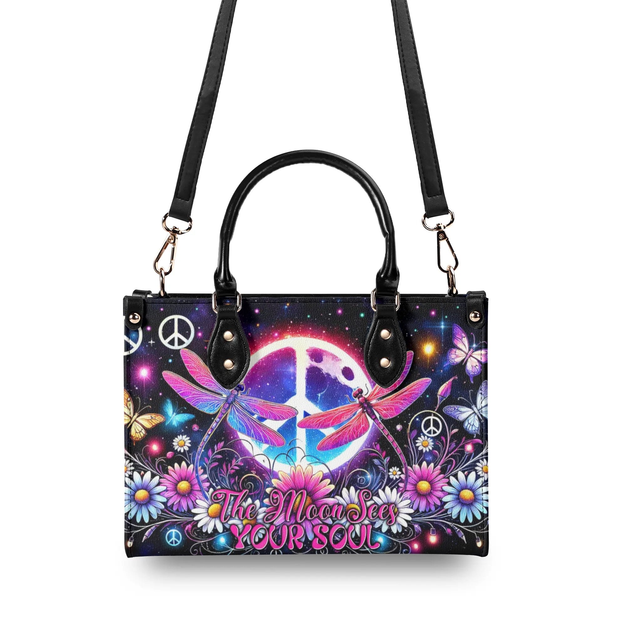 THE MOON SEES YOUR SOUL DRAGONFLIES LEATHER HANDBAG - TYTM2307243