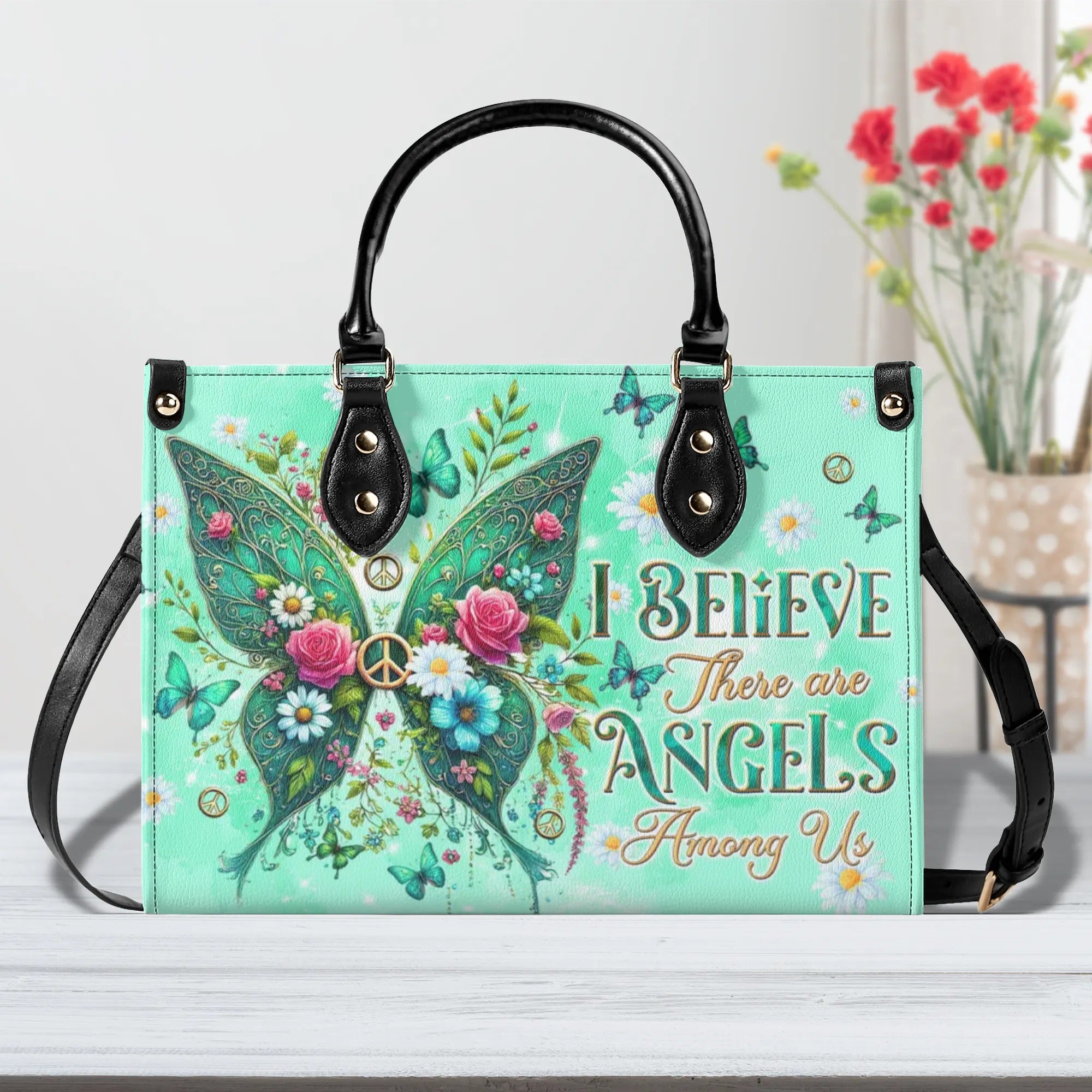 I BELIEVE THERE ARE ANGELS AMONG US WINGS LEATHER HANDBAG - TLTW0608245